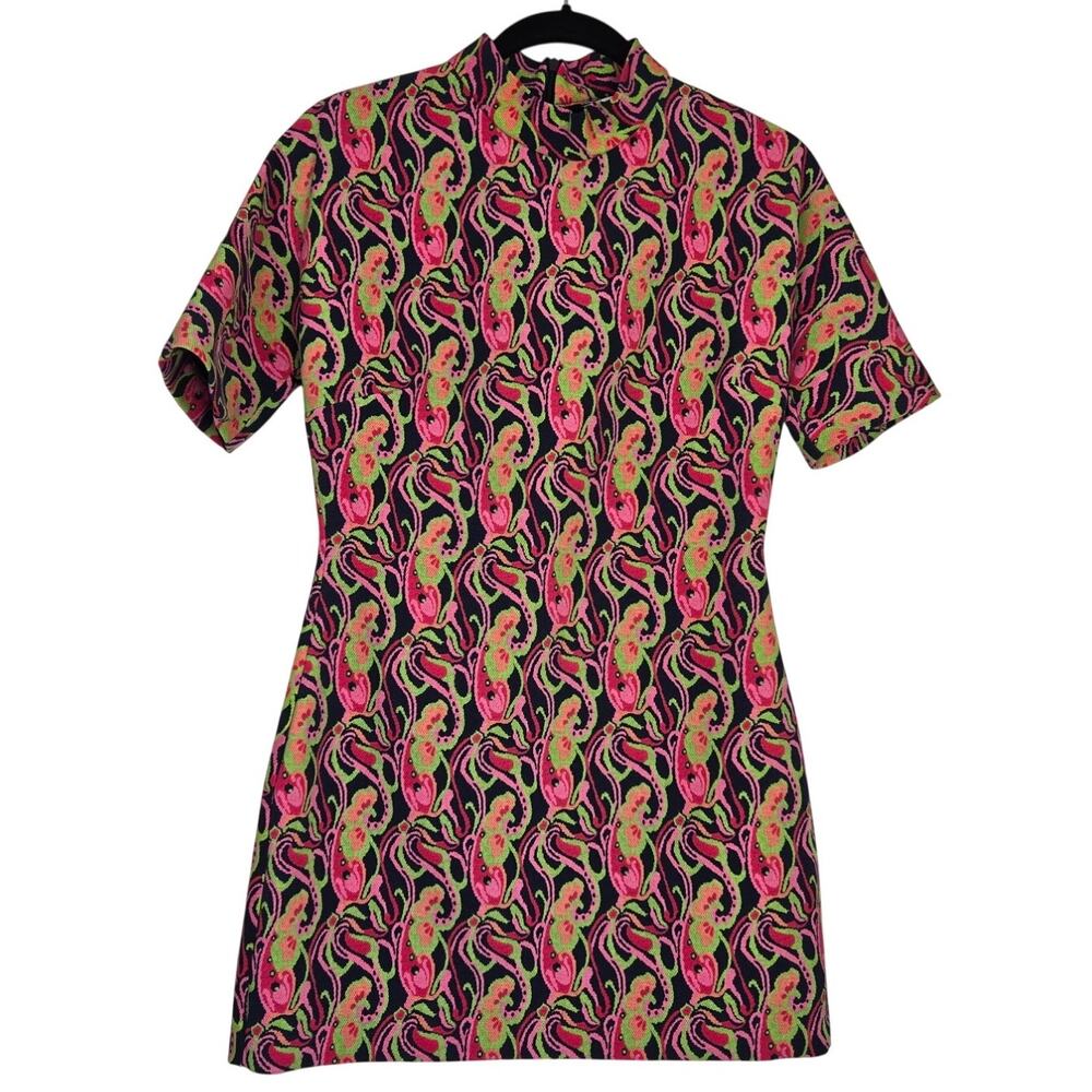 Zara Paisley Neon Psychedelic Pattern 1960s A‑Line Mock Neck Mini Dress Size: M
